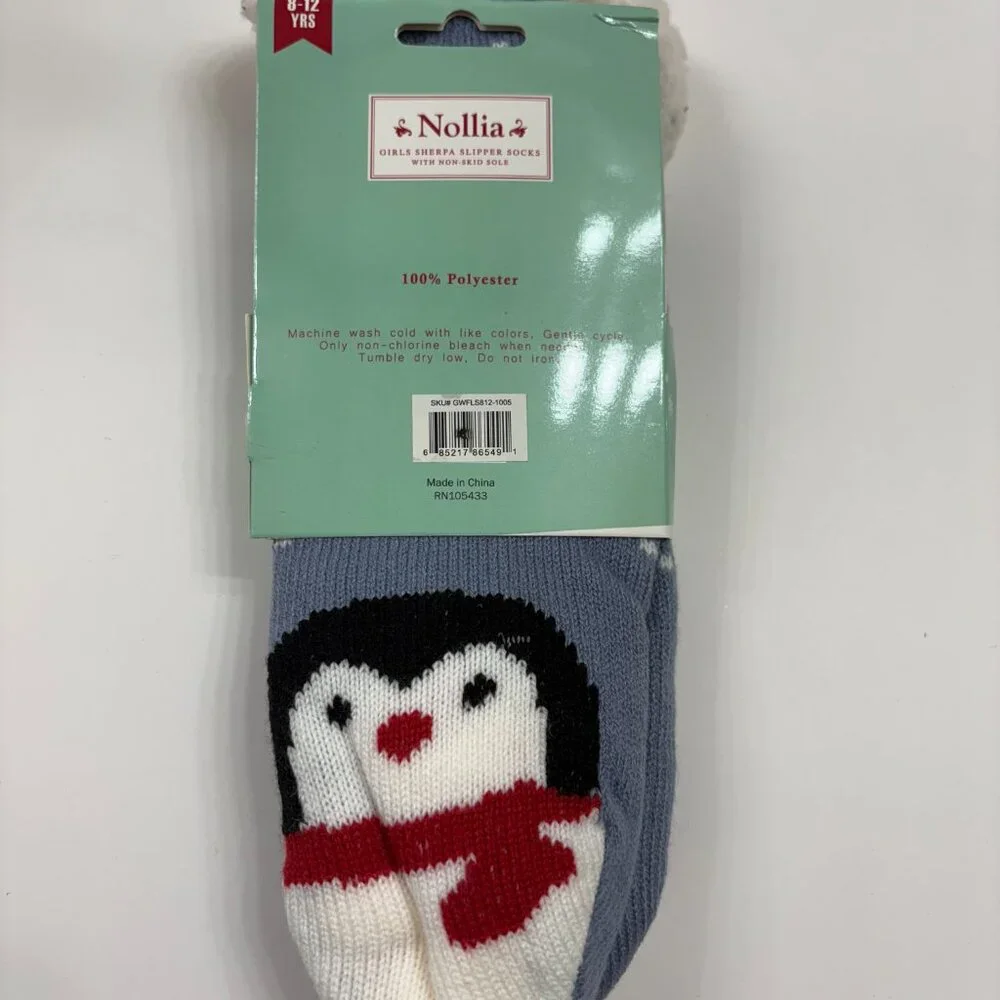 Sherpa Socks - Heavy Non-Skid- Penguin - Kids 8-12 Yrs - NWT